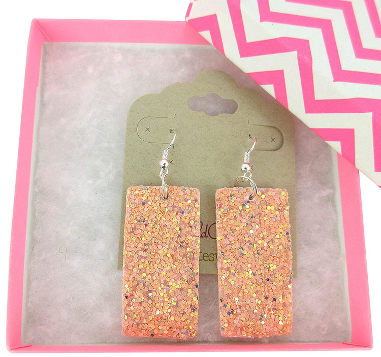 Silver-tone Glitter Faux Leather Large Rectangle Dangle Earrings (Gold and Rainbow)