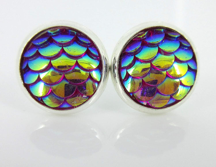 Silver-tone Pink Purple Metallic Mermaid Scale Stud Earrings 10mm