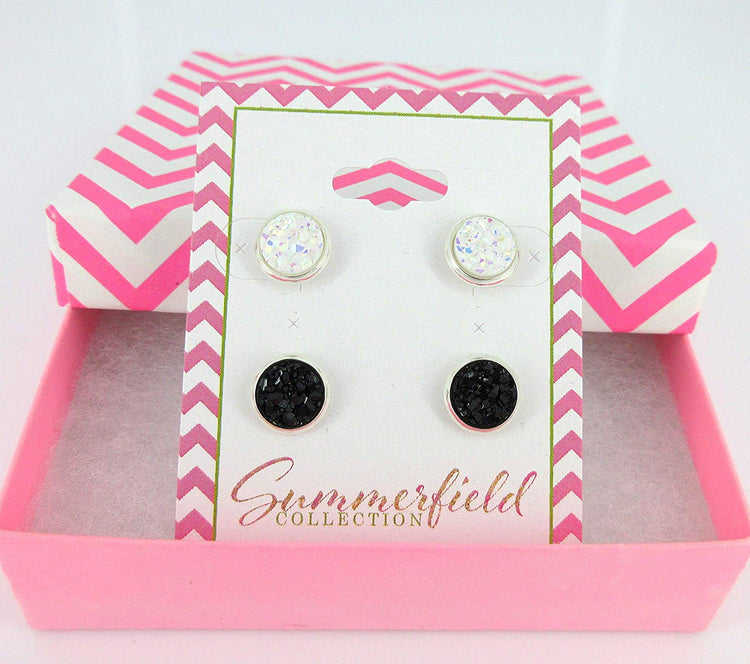Duo Silver-tone White AB and Black Faux Druzy Stone Stud Earrings 8mm Set