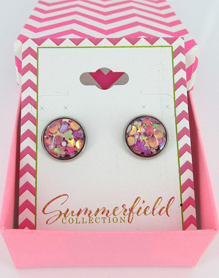 Stainless Steel Glitter Resin Globe Stud Earrings 12mm Magenta