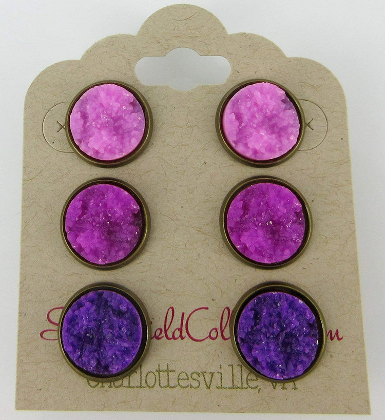 Trio Antiqued Gold-tone Purple Faux Druzy Stone Stud Earrings Set 12mm