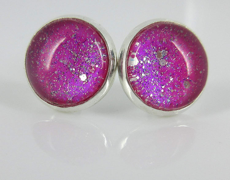 Silver-tone Magenta Pink Twinkle Glitter Glass Galaxy Stud Earrings Hand-painted 12mm
