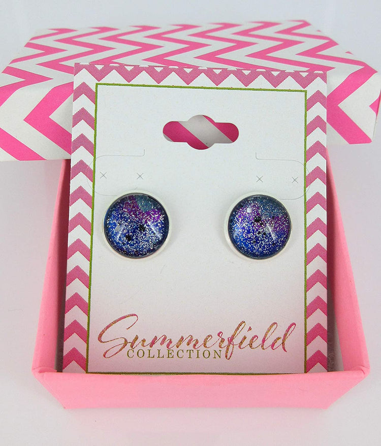 Silver-tone Glitter Glass Galaxy 12mm Stud Earrings Blue Purple Teal