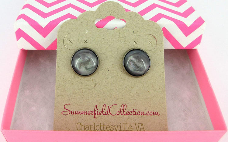 Hematite-tone Faux Stone Resin Stud Earrings 12mm Mystical Gray Pink