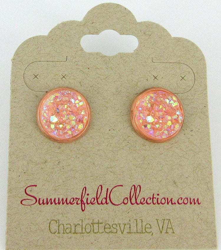 Rose Gold-tone Blush AB Faux Druzy Stone Stud Earrings 12mm