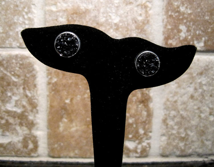 Silver-tone Black Faux Druzy Stone Stud Earrings 12mm