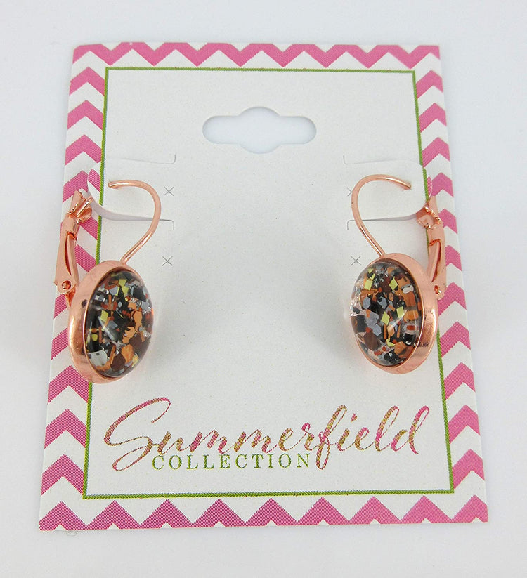 Rose Gold-Tone Pearly Silver and Black Glitter Glass Drop Earrings