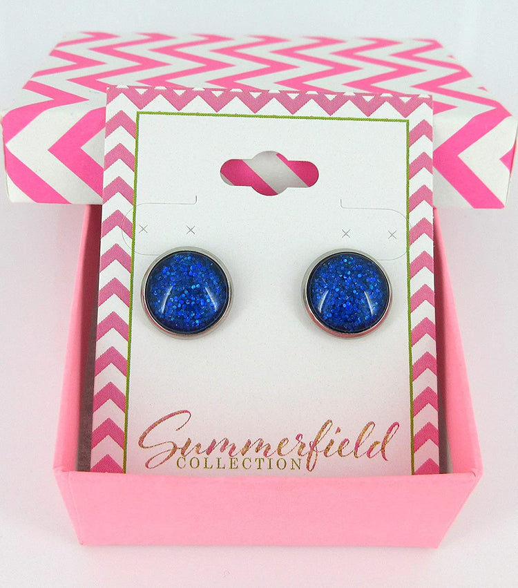 Stainless Steel Royal Blue Glitter Glass Stud Earrings Hand-painted 12mm