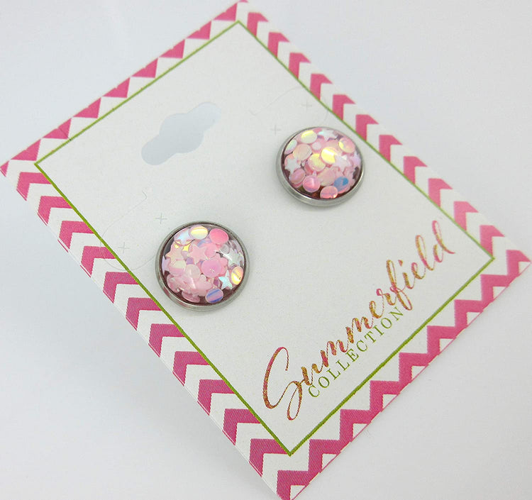 Stainless Steel Glitter Resin Globe Stud Earrings 12mm Ballet Pink