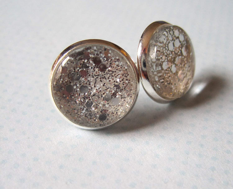 Silver-tone Glitter Glass Stud Earrings 12mm Hand-painted