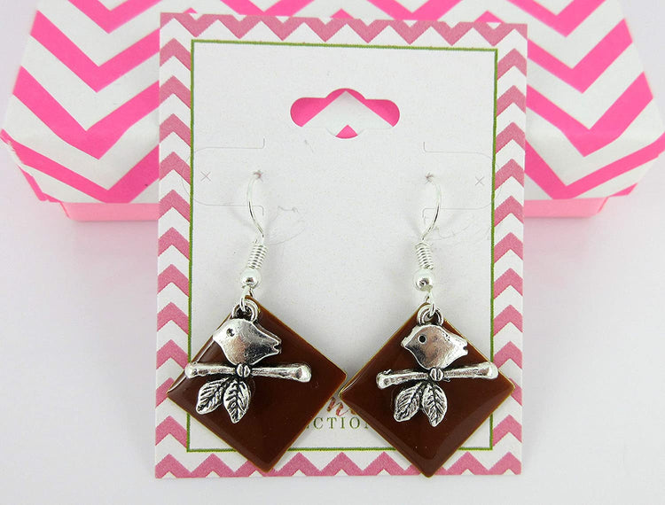 Silver-tone Brown Enamel Bird Charm Dangle Earrings