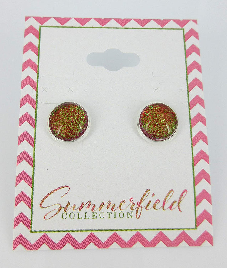 Silver-tone Red and Green Glitter Glass Stud Earrings Hand-painted 10mm