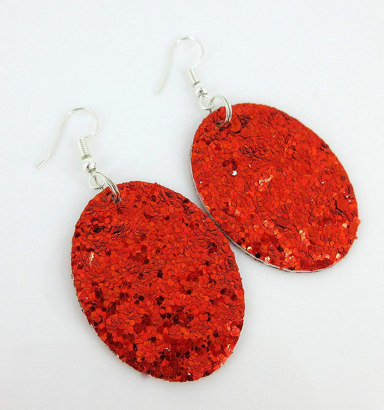 Red Glitter Faux Leather Oval Dangle Earrings