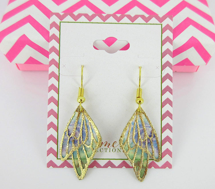 Purple and Green Butterfly Wing Fabric Dangle Earrings