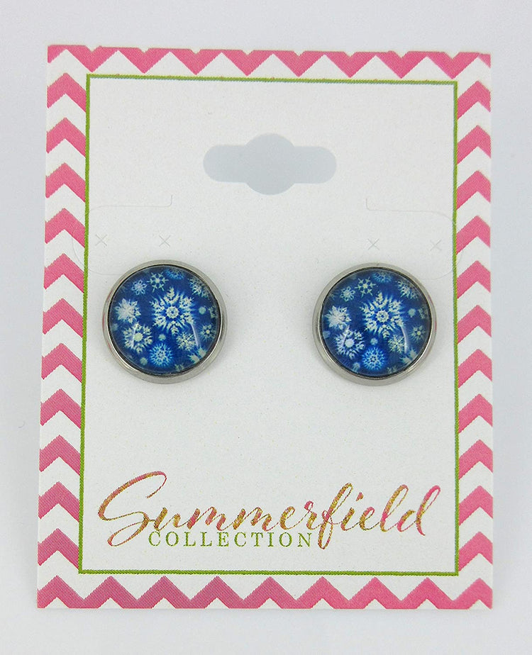 Stainless Steel Snowflake Print Glass Stud Earrings 12mm