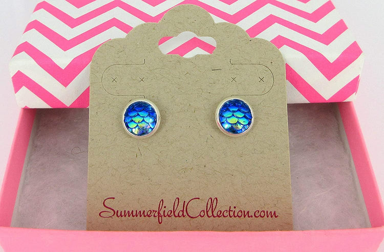 Silver-tone Metallic Mermaid Scale Stud Earrings 8mm (Blue/Green)