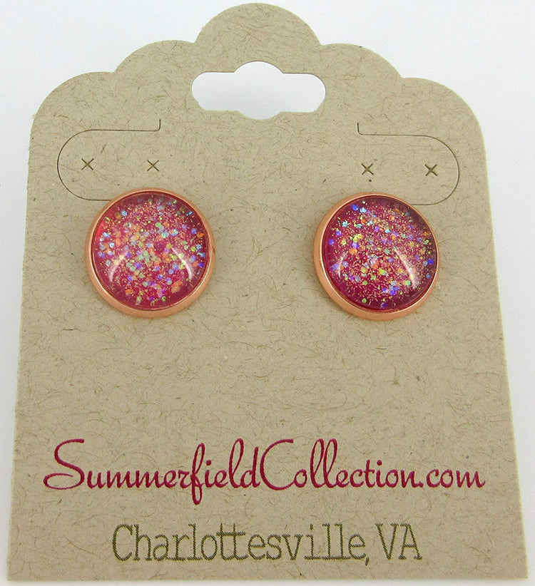Rose Gold-tone Berry Iridescent Glitter Glass Galaxy Stud Earrings Hand-painted 12mm
