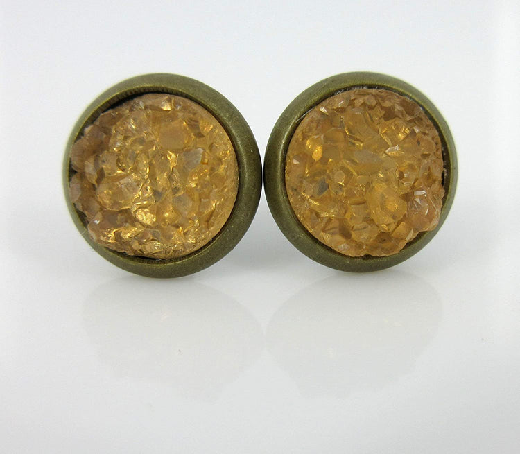 Trio Antiqued Gold-tone Stud Earrings 8mm Teal Pink Navy Blue Faux Druzy Stone Set (Green/Yellow/Blue)
