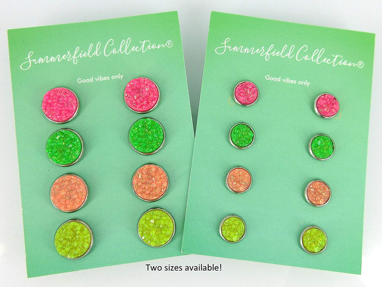 Stainless Steel Neon Pink Orange Yellow Green Faux Druzy Glitter Stone Stud Earrings Set (12mm)