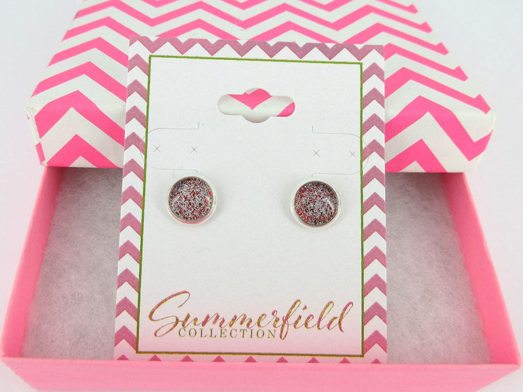 Silver-tone Red and Holographic Glitter Glass Stud Earrings Hand-painted 8mm