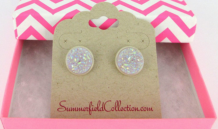Silver-tone Lilac Purple Faux Druzy Stone Stud Earrings 12mm