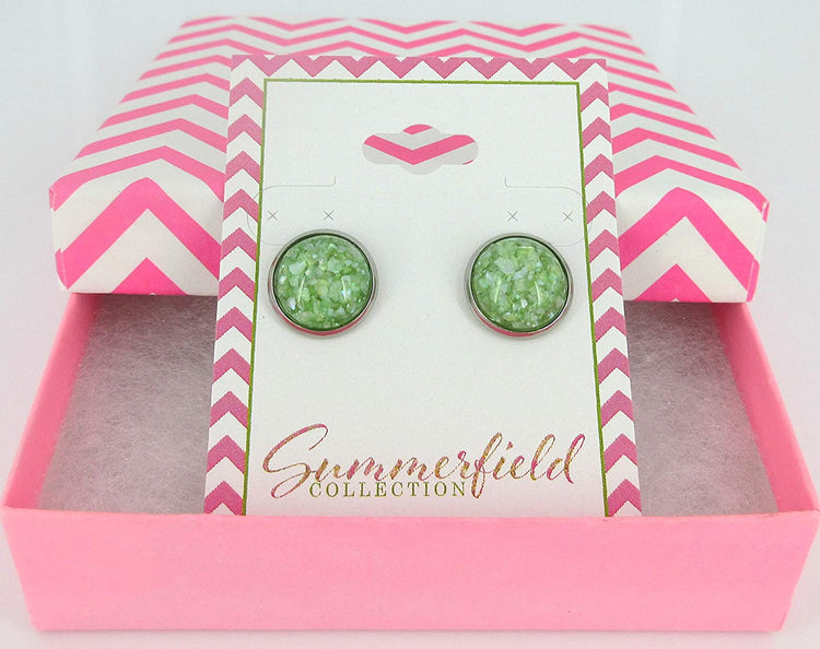 Stainless Steel Spring Green Faux Shell Stud Earrings 12mm