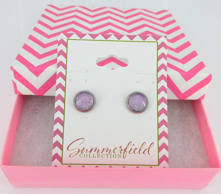 Stainless Steel Lavender Purple Glitter Flake Glass Stud Earrings Hand-painted 8mm