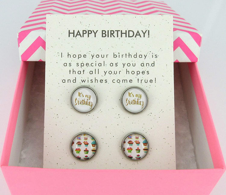 Duo Stud Earrings Stainless Steel Happy Birthday and Cupcake Print Glass 12mm Set