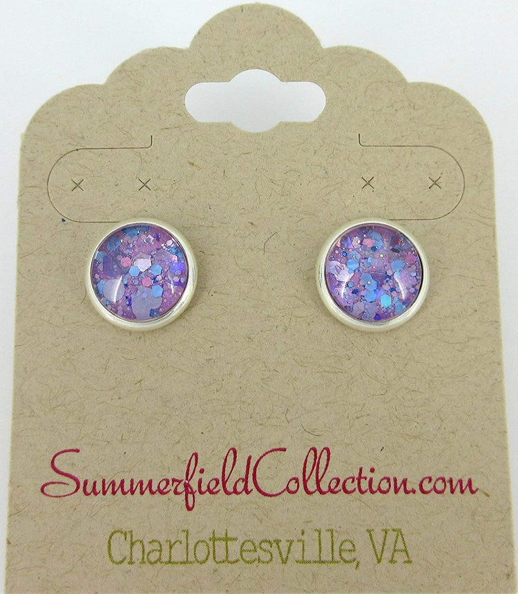 Silver-tone Purple Unicorn Mix Glitter Glass Stud Earrings Hand-painted 10mm