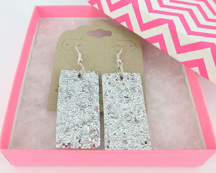 Silver Glitter Faux Leather Large Rectangle Dangle Earrings