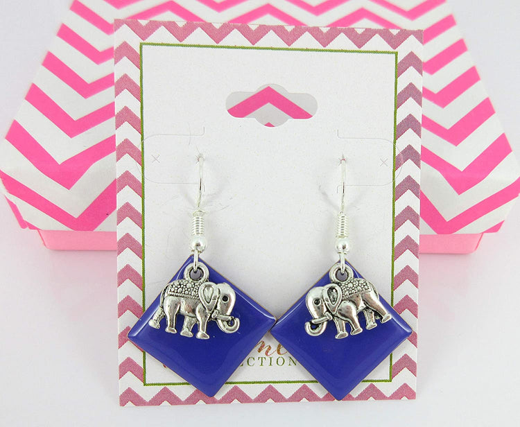 Silver-tone Purple Enamel Elephant Charm Dangle Earrings