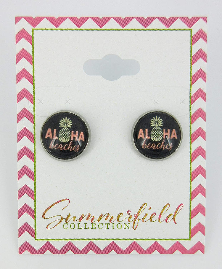 Stainless Steel Aloha Beaches Pineapple Print Glass Stud Earrings 12mm