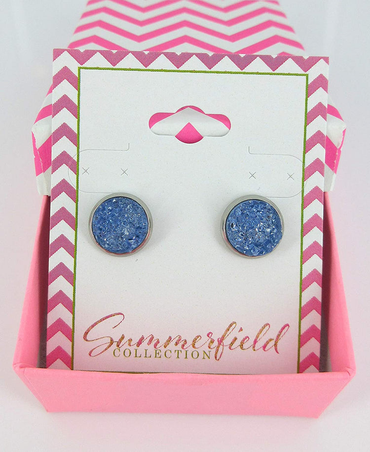 Stainless Steel Glacier Blue Faux Druzy Stone Stud Earrings