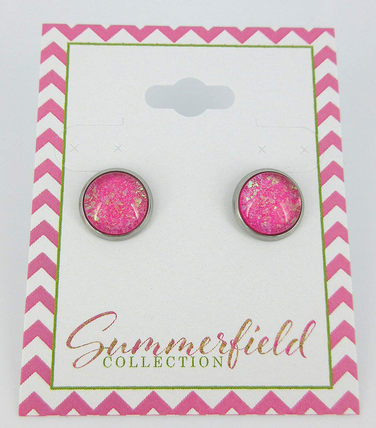 Stainless Steel Hot Pink and Iridescent Glitter Glass Stud Earrings Hand-painted 10mm