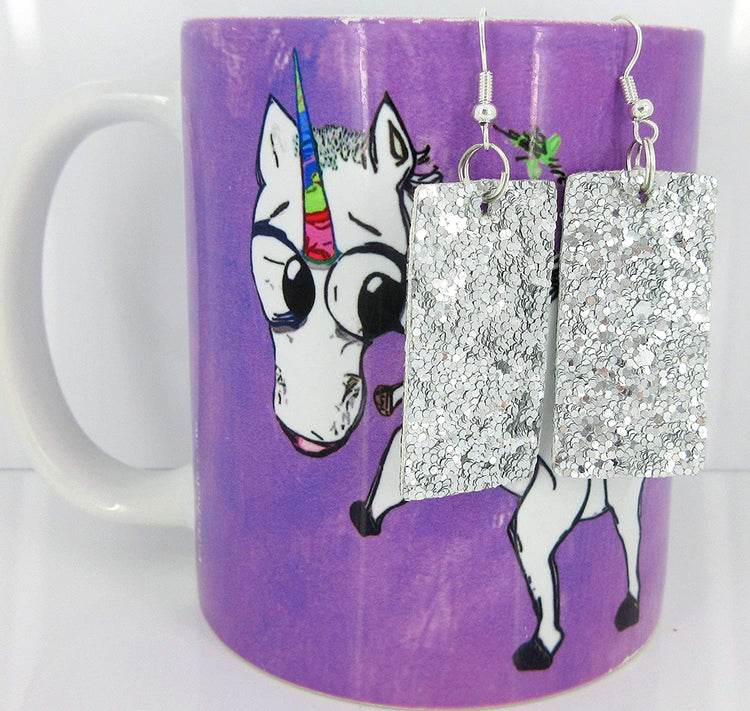 Silver Glitter Faux Leather Large Rectangle Dangle Earrings