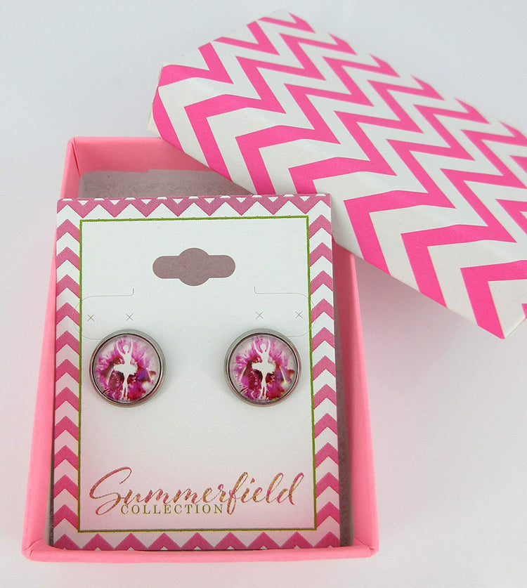 Stainless Steel Pink and White Ballet Dancer Printed Glass Stud Earrings 12mm