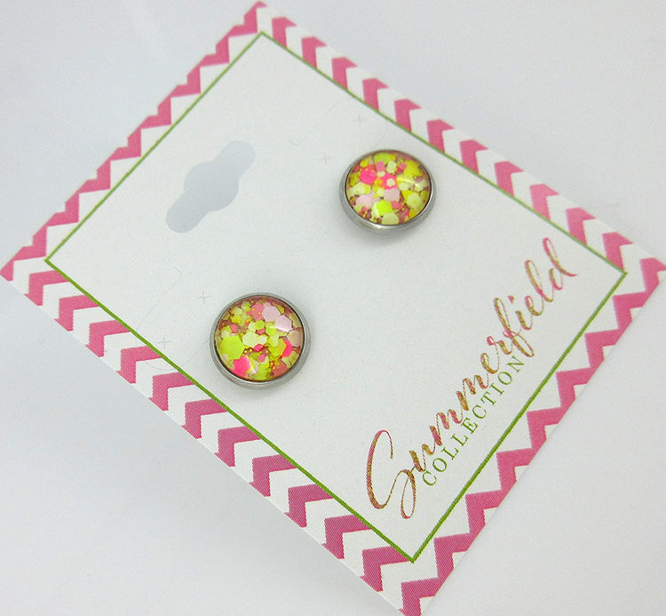 Stainless Steel Strawberry Lemonade Glitter Glass Stud Earrings Hand-painted 10mm