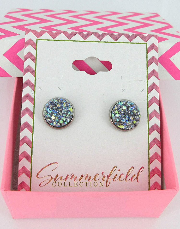 Stainless Steel Frost Blue Gray AB Glitter Faux Druzy Stone Stud Earrings 10mm
