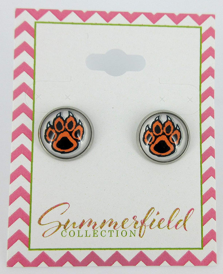 Stainless Steel Orange and Black Paw Print Pink Glass Stud Earrings 12mm