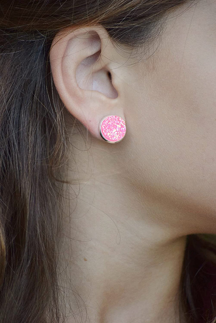 Silver-tone Hot Pink AB Faux Druzy Stone Stud Earrings 12mm