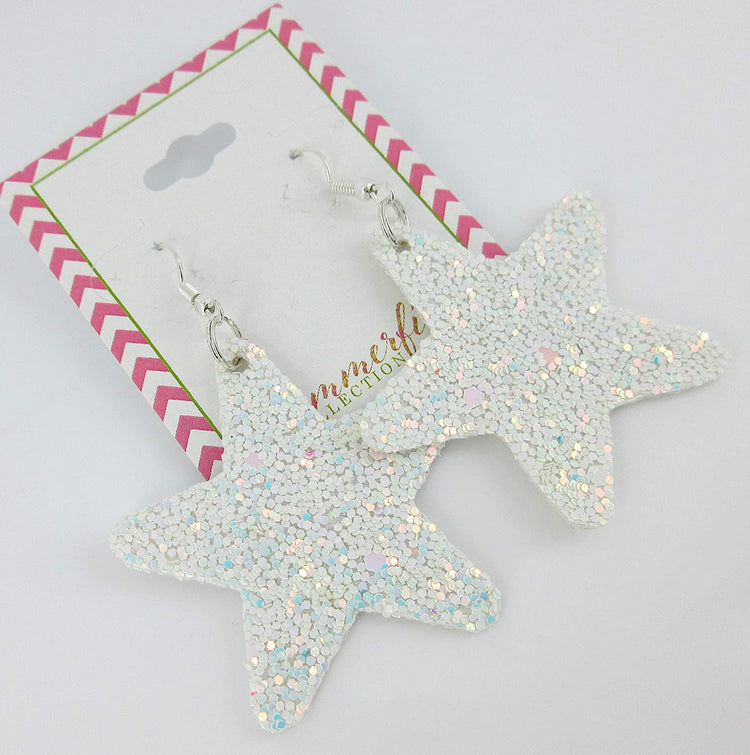 Glitter Faux Leather Large Star Dangle Earrings