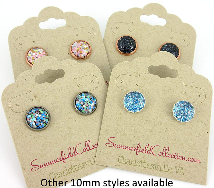 Hematite-tone Blue Green White Glitter Glass Stud Earrings Hand-painted 10mm