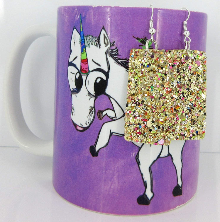 Silver-tone Glitter Faux Leather Large Rectangle Dangle Earrings (Gold and Rainbow)