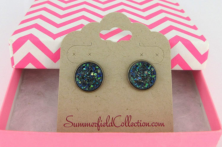 Hematite-tone Gray Green Blue AB Faux Druzy Stone Stud Earrings 12mm