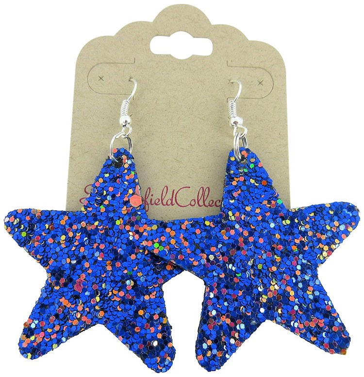 Glitter Faux Leather Large Star Dangle Earrings