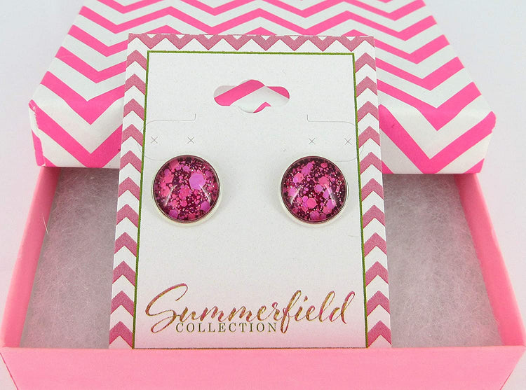 Silver-tone Raspberry and Hot Pink Glitter Glass Stud Earrings Hand-painted 12mm