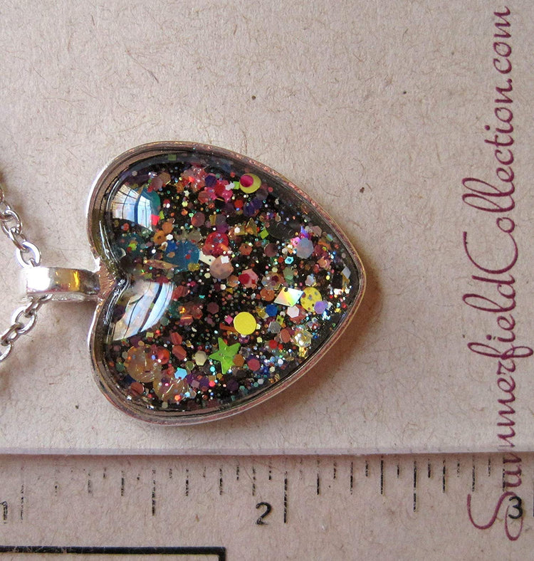Silver-Tone Black and Multi-Color Confetti Glitter Glass Heart Pendant Necklace 20" Chain Stainless