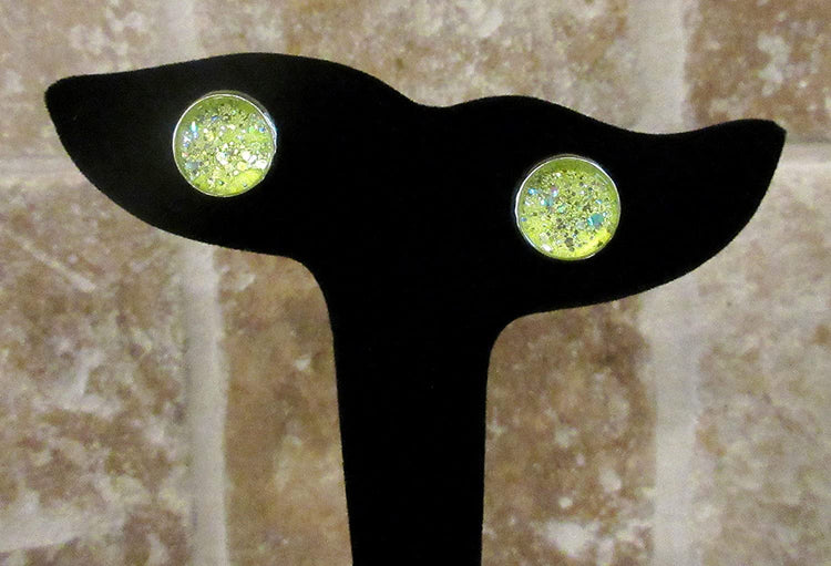 Silver-tone Neon Yellow Green Glitter Glass Stud Earrings Hand-painted 12mm
