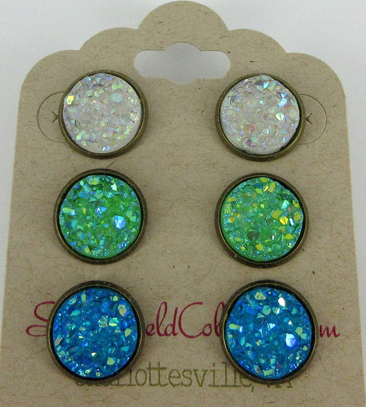 Trio Antiqued Gold-tone Stud Earrings Faux Druzy Stone Clear AB Sea Blue Green Set 12mm