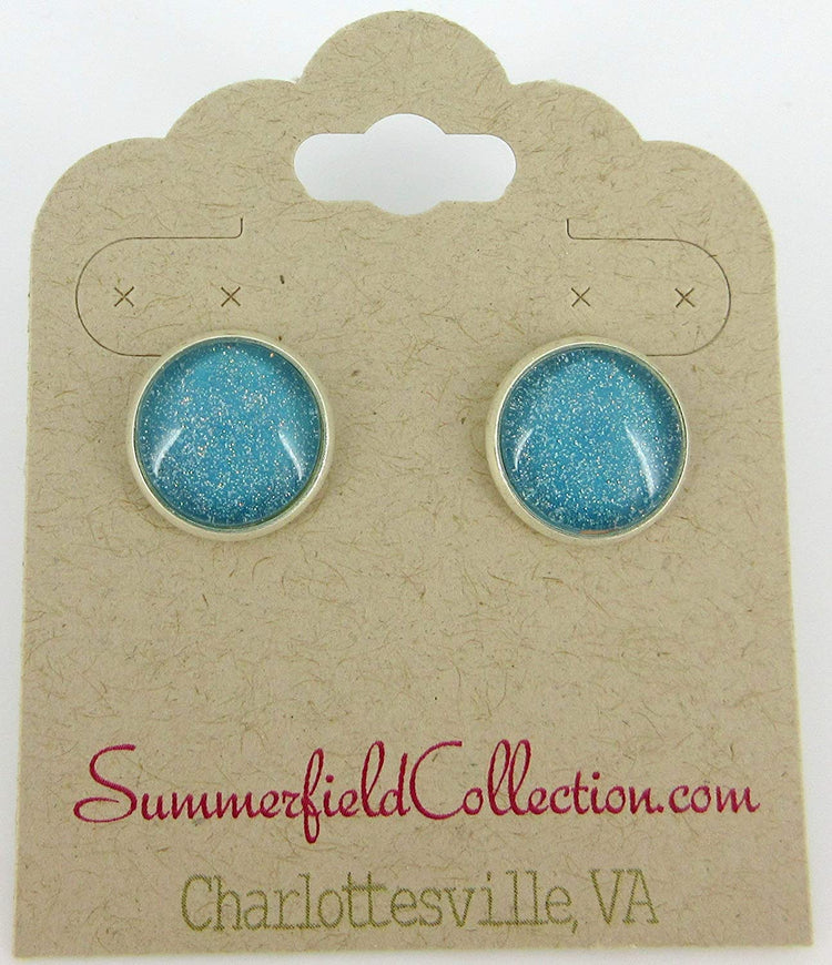 Silver-tone Soft Teal Green Blue Glitter Glass Stud Earrings Hand-painted 12mm